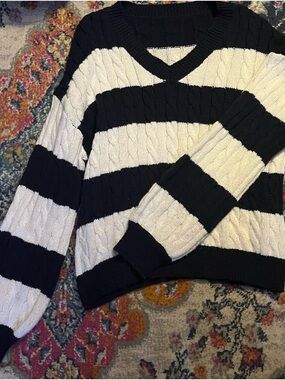 SHEIN Black and White Striped V-Neck Cable Knit Sweater